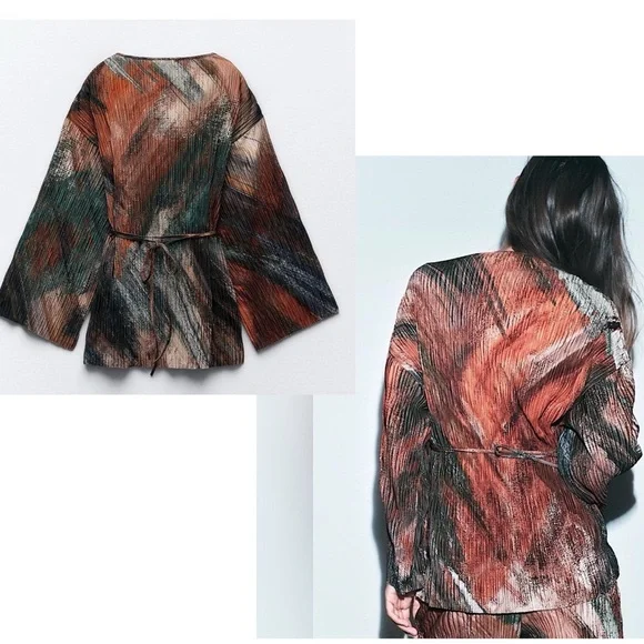 Zara multicolored abstract print pleated kimono sleeve wrap blouse top M NWOT - Picture 2 of 16